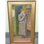 20th C. SCHOOL, MAN READING AT A BOOK SHOP DOOR, OIL ON BOARD. 62 x 28cms.