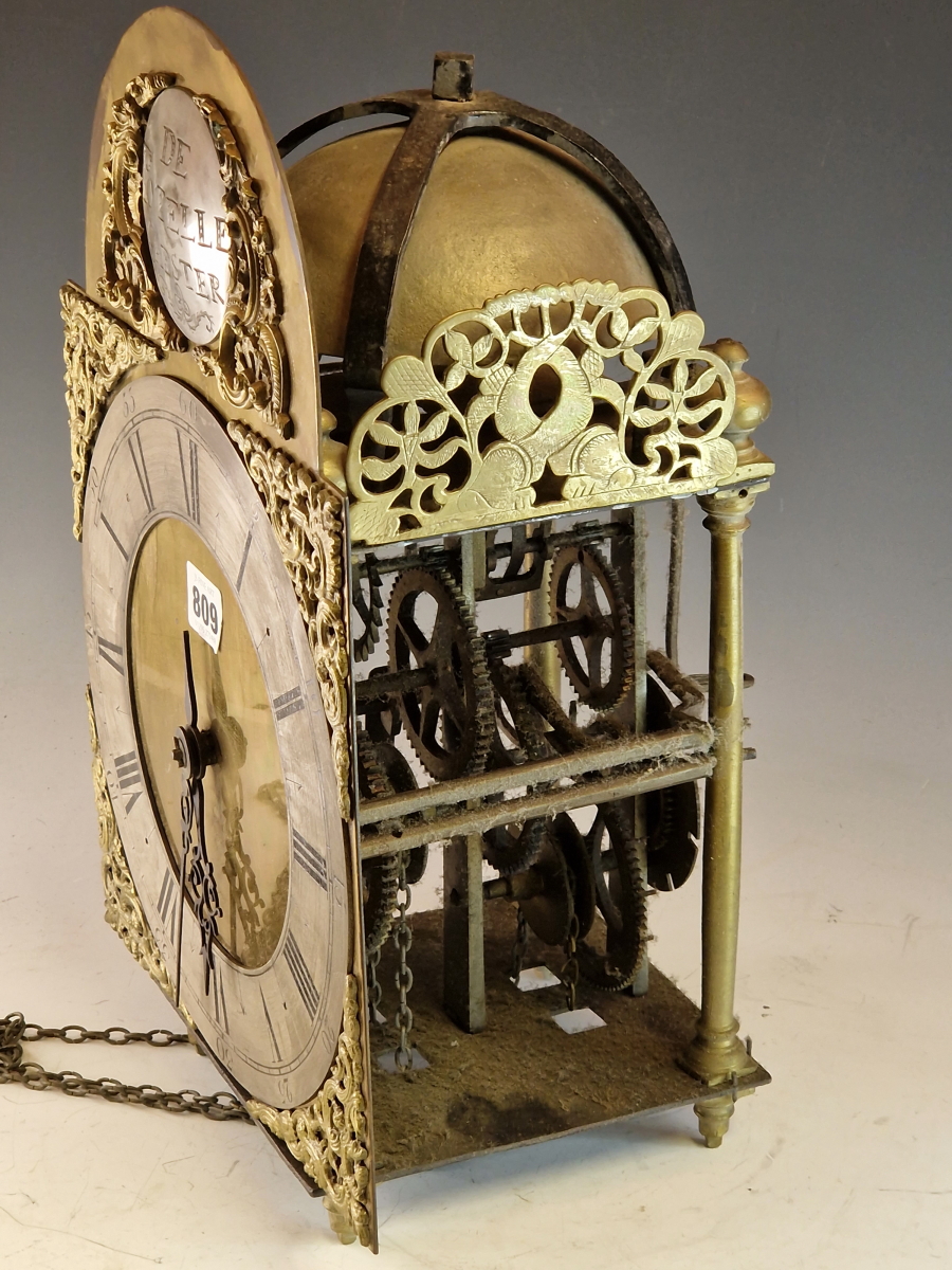 A LANTERN / SHELF CLOCK, THE PENDULUM MOVEMENT COUNTWHEEL STRIKING ON A BELL, A SILVERED ROUNDEL IN - Image 3 of 4