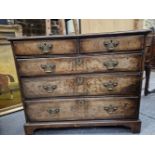A GEORGE III CROSS BANDED MAHOGANY CHEST OF FOUR GRADED DRAWERS ON BRACKET FEET. W 92 x D 54 x H