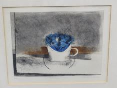 A ANTONIN (SWISS 20th C.), ARR. BLUE FLOWERS IN A MUG, PENCIL SIGNED ETCHING. 23 x 27cms. TOGETHER