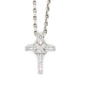 AN 18ct HALLMARKED WHITE GOLD DIAMOND SET CROSS SUSPENDED FROM AN 18ct WHITE GOLD BELCHER CHAIN.