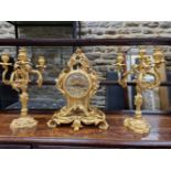 A LEMERLE CHARPENTIER ORMOLU CLOCK GARNITURE, THE CLOCK MOVEMENT STRIKING ON A BELL, THE FACE WITH