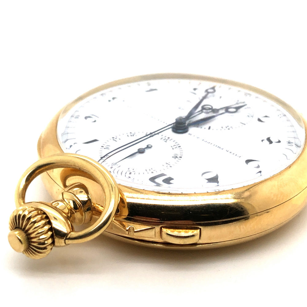 A PATEK PHILIPPE 18ct GOLD OPEN FACE FLYBACK CHRONOGRAPH POCKET WATCH WITH WHITE ENAMEL DIAL. THE - Image 8 of 23