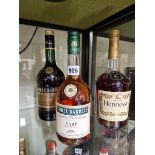BRANDY: LITRE BOTTLES OF HENNESSY AND THREE BARRELS VSOP COGNAC TOGETHER WITH A BOTTLE OF THREE