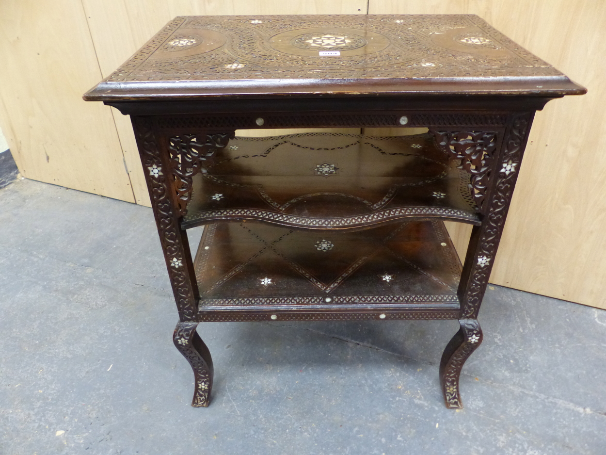 AN ISLAMIC MAHOGANY THREE TIER TABLE, EACH BLIND FRET CARVED WITH FOLIAGE BANDS ABOUT MOTHER OF - Image 2 of 5