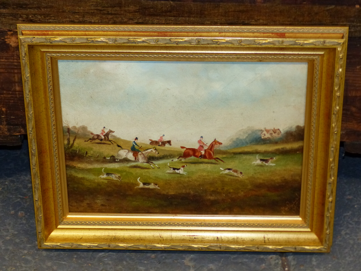 PHILIP RIDEOUT ( 1850-1920), A HUNTING SCENE WITH DISTANT GABLED HOUSE, OIL ON BOARD, SIGNED AND - Image 3 of 5