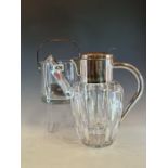 AN ORREFORS CYLINDRICAL GLASS ICE BUCKET WITH CHROME HANDLE, LINER AND TONGS TOGETHER WITH A