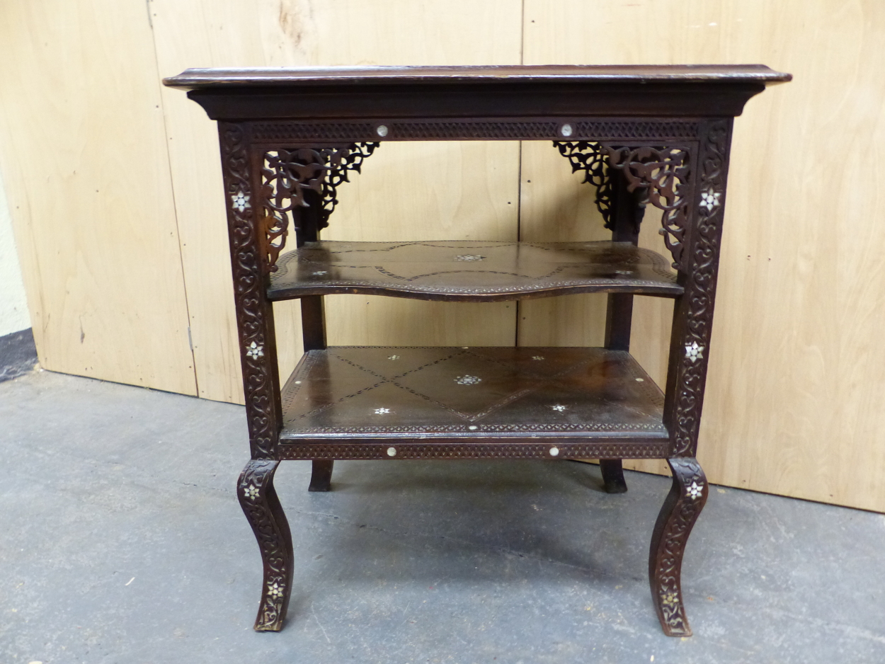 AN ISLAMIC MAHOGANY THREE TIER TABLE, EACH BLIND FRET CARVED WITH FOLIAGE BANDS ABOUT MOTHER OF - Image 3 of 5