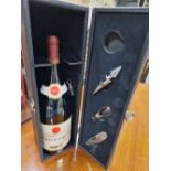 A PRESENTATION BOX OF A 2011 MAGNUM OF GUIGAL COTES DU RHONE WITH CORKSCREW, STOPPER AND POURING