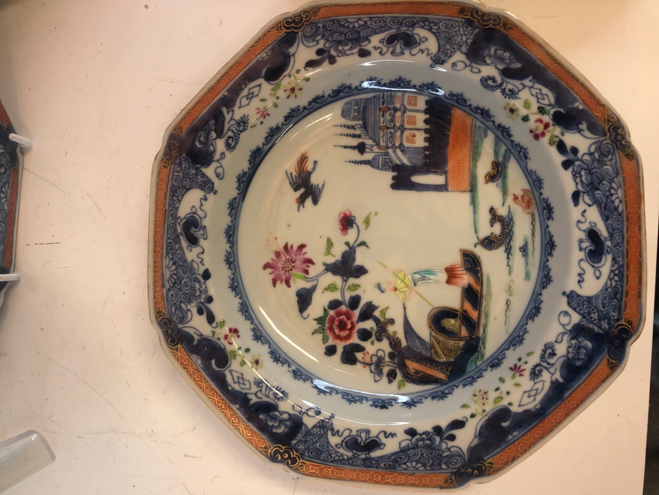 SIX LATE 18th C CHINESE SOUP PLATES PAINTED IN UNDERGLAZE BLUE AND FAMILLE ROSE WITH A LADY - Image 4 of 29