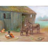 AFTER EDGAR HUNT, FOWL AND DONKEYS OUTSIDE A STABLE, OIL ON CANVAS, INSCRIBED LOWER RIGHT. 32 x