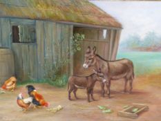 AFTER EDGAR HUNT, FOWL AND DONKEYS OUTSIDE A STABLE, OIL ON CANVAS, INSCRIBED LOWER RIGHT. 32 x