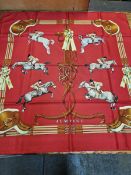 A VINTAGE HERMES JUMPING HORSE SILK SCARF WITH ORIGINAL BOX