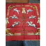 A VINTAGE HERMES JUMPING HORSE SILK SCARF WITH ORIGINAL BOX