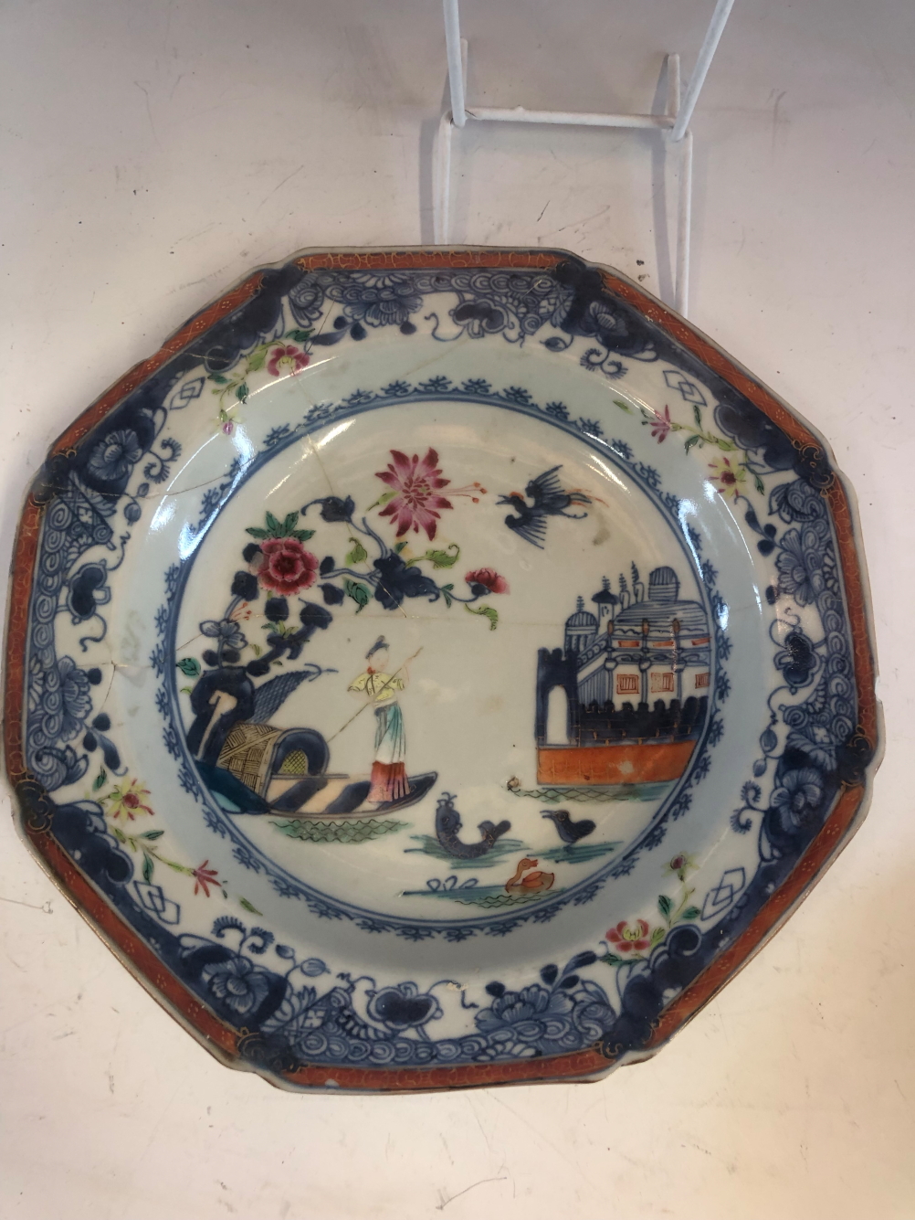 SIX LATE 18th C CHINESE SOUP PLATES PAINTED IN UNDERGLAZE BLUE AND FAMILLE ROSE WITH A LADY - Image 8 of 29