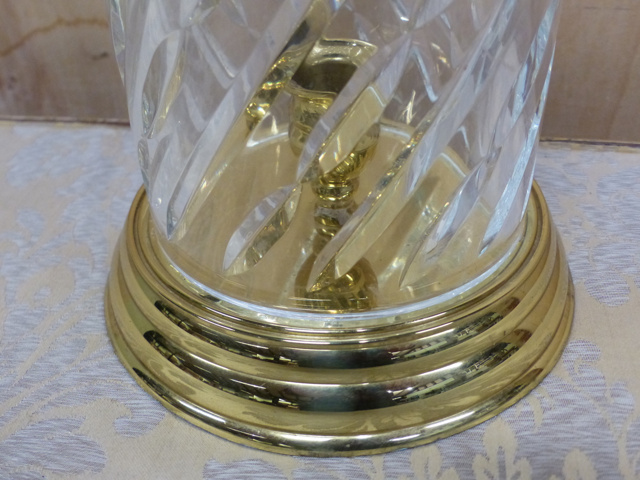 A BRASS CANDLESTICK WITH WATERFORD CYLINDRICAL CUT GLASS STORM SHADE. H 32.5cms. - Image 3 of 5