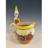 A CLARICE CLIFF CROCUS PATTERN CONICAL CASTER. H 14cms. TOGETHER WITH A CLARICE CLIFF GAYDAY PATTERN