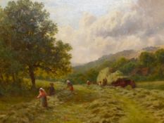 JAMES SEYMOUR ADAMS (Fl. 1883-1889), HAYMAKING NEAR HASLEMERE, OIL ON CANVAS, INSCRIBED VERSO. 62
