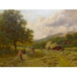 JAMES SEYMOUR ADAMS (Fl. 1883-1889), HAYMAKING NEAR HASLEMERE, OIL ON CANVAS, INSCRIBED VERSO. 62