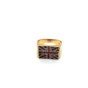 A GREAT BRITISH UNION FLAG SIGNET RING. THE FRONT PANEL SET WITH RUBIES, SAPPHIRES AND DIAMONDS.