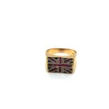 A GREAT BRITISH UNION FLAG SIGNET RING. THE FRONT PANEL SET WITH RUBIES, SAPPHIRES AND DIAMONDS.