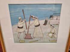 AN INDIAN WATERCOLOUR OF A HUSBAND AND WIFE POUNDING GRAIN WHILE AN ELDERLEY MAN SMOKES A HOOKAH