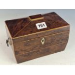 A GEORGE III YEW WOOD SARCOPHAGUS TEA CADDY, THE INTERIOR WITH TWO COMPARTMENTS. W 19cms.