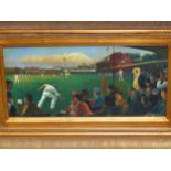 ENGLISH SCHOOL LATE 20TH CENTURY, THE EDWARDIAN CRICKET MATCH, OIL ON PANEL. 19 x 39.5cms.