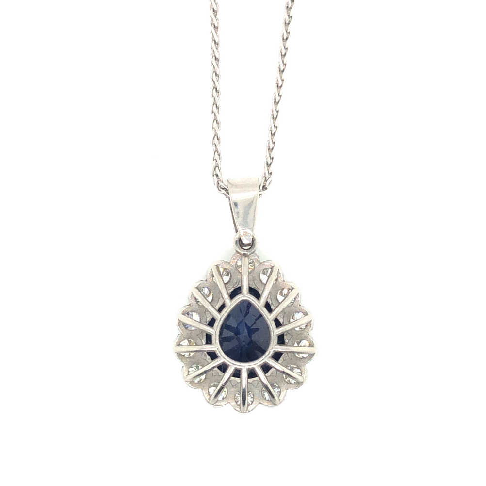 A SAPPHIRE AND DIAMOND TEARDROP CLUSTER PENDANT, SUSPENDED ON A PLATINUM HALLMARKED SPIGA LINK - Image 2 of 3