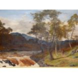 PETER GRAHAM (1836-1921), A MAN WALKING A PATH BY RIVER RAPIDS, OIL ON CANVAS, INITIALLED AND