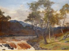 PETER GRAHAM (1836-1921), A MAN WALKING A PATH BY RIVER RAPIDS, OIL ON CANVAS, INITIALLED AND