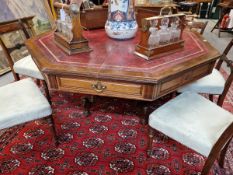 AN IMPRESSIVE 19TH CENTURY ARTS AND CRAFTS MAHOGANY OCTAGONAL LIBRARY CENTRE TABLE, THE RED LEATHE