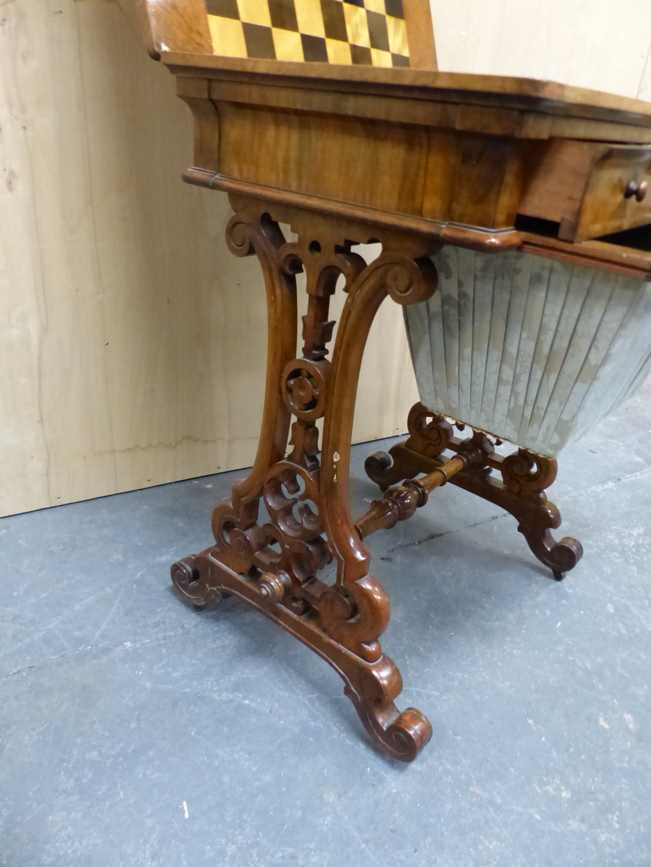 A VICTORIAN BURR WALNUT WORK TABLE WITH A CHESS BOARD INLAID SWIVEL TOP OVER A FITTED DRAWER AND - Image 5 of 5