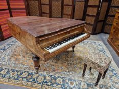 A VICTORIAN WALNUT CASED BABY GRAND PIANO ON THREE OCTAGONAL LEGS TAPERING TO BRASS CASTER FEET BY