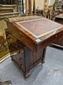 AN EARLY 19th C. ROSEWOOD DAVENPORT, THE BRASS GALLERIED TOP ABOVE A LEATHER INSET FALL, FOUR