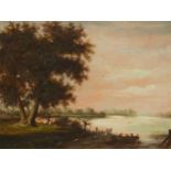 DUTCH SCHOOL, THREE FIGURES IN A BOAT AT DUSK, THE BANK WITH TWO TREES, OIL ON PANEL. 25.5 x 31.