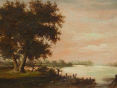 DUTCH SCHOOL, THREE FIGURES IN A BOAT AT DUSK, THE BANK WITH TWO TREES, OIL ON PANEL. 25.5 x 31.