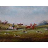 PHILIP RIDEOUT ( 1850-1920), A HUNTING SCENE WITH DISTANT GABLED HOUSE, OIL ON BOARD, SIGNED AND