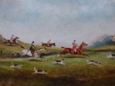 PHILIP RIDEOUT ( 1850-1920), A HUNTING SCENE WITH DISTANT GABLED HOUSE, OIL ON BOARD, SIGNED AND