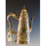 A LATER FLORAL EMBOSSED QUEEN ANNE SILVER COFFEE POT CIRCA 1705, WITH REPLACEMENT HANDLE, 938.5Gms.