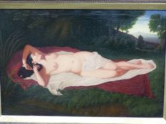 19th C. SCHOOL, A NUDE RECLINING ON A RED BLANKET IN A LANDSCAPE, OIL ON CANVAS, MONOGRAMMED LOWER