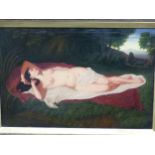 19th C. SCHOOL, A NUDE RECLINING ON A RED BLANKET IN A LANDSCAPE, OIL ON CANVAS, MONOGRAMMED LOWER