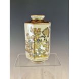 GYOKUZAN, A LATE 19th C. SATSUMA HEXAGONAL VASE PAINTED WITH CHRYSANTHEMUMS AND PEONIES, SHIMIZU