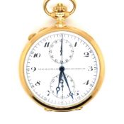 A PATEK PHILIPPE 18ct GOLD OPEN FACE FLYBACK CHRONOGRAPH POCKET WATCH WITH WHITE ENAMEL DIAL. THE