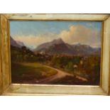 19th C. EUROPEAN SCHOOL, AN ALPINE TOWN VIEW, INDISTINCTLY SIGNED, OIL ON CANVAS, 19.5 x 25.5cms.