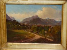 19th C. EUROPEAN SCHOOL, AN ALPINE TOWN VIEW, INDISTINCTLY SIGNED, OIL ON CANVAS, 19.5 x 25.5cms.