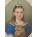VICTORIAN SCHOOL, OVAL PORTRAIT OF A GIRL CUDDLING HER TERRIER TO HER BLUE DRESS, PASTEL. 61 x