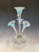 AN EARLY 20th C. GLASS EPERGNE, THE TOPS OF THE FOUR TRUMPET VASES AND THE RIM OF THE UNDERDISH