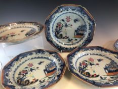 SIX LATE 18th C CHINESE SOUP PLATES PAINTED IN UNDERGLAZE BLUE AND FAMILLE ROSE WITH A LADY