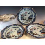 SIX LATE 18th C CHINESE SOUP PLATES PAINTED IN UNDERGLAZE BLUE AND FAMILLE ROSE WITH A LADY